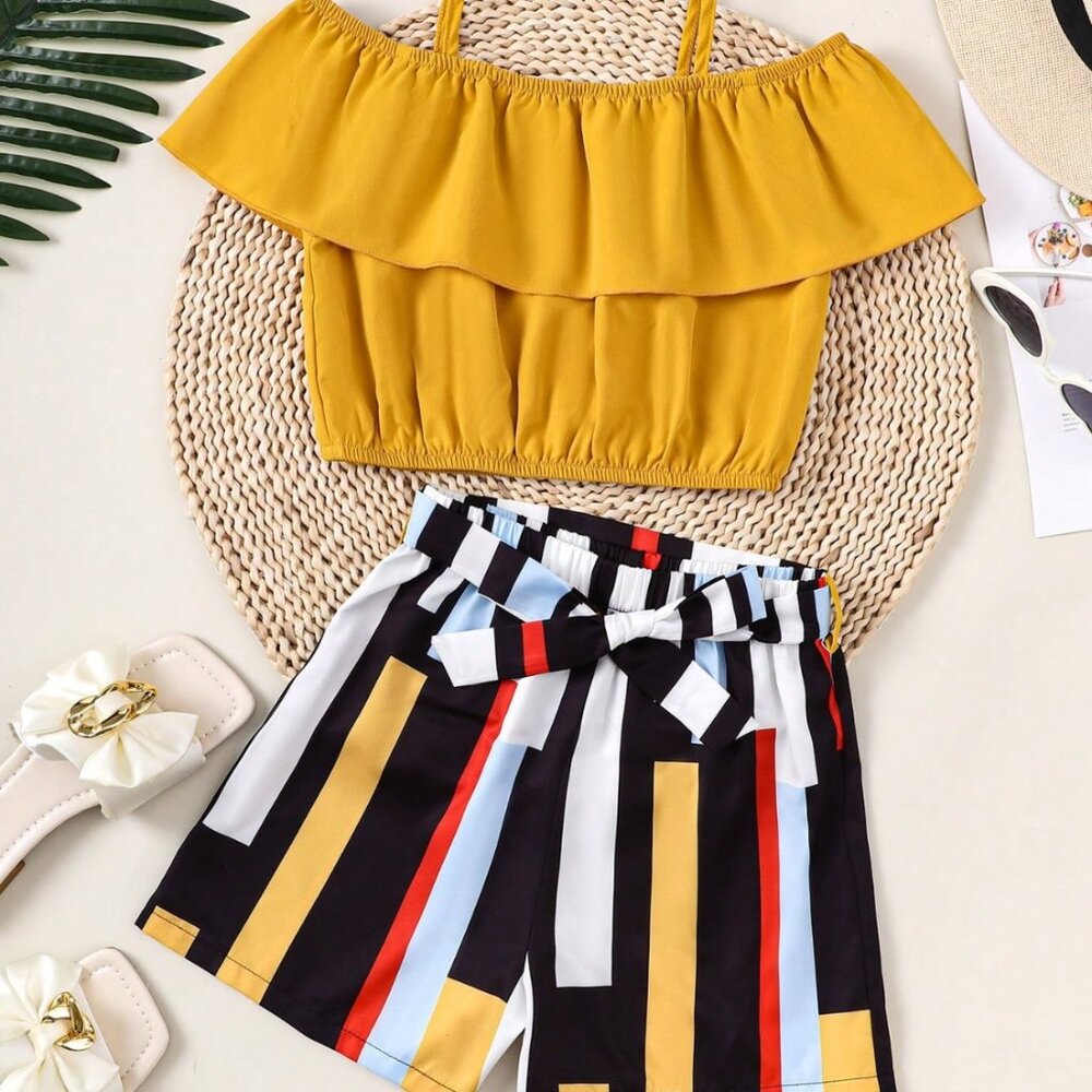 Girls Summer 2-Piece Outfit Yellow Ruffle Top & Striped Shorts (8–12Y)